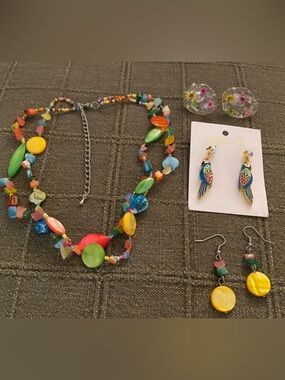 Multicolor Beaded Statement Necklace with Matching Earrings - Jewelry